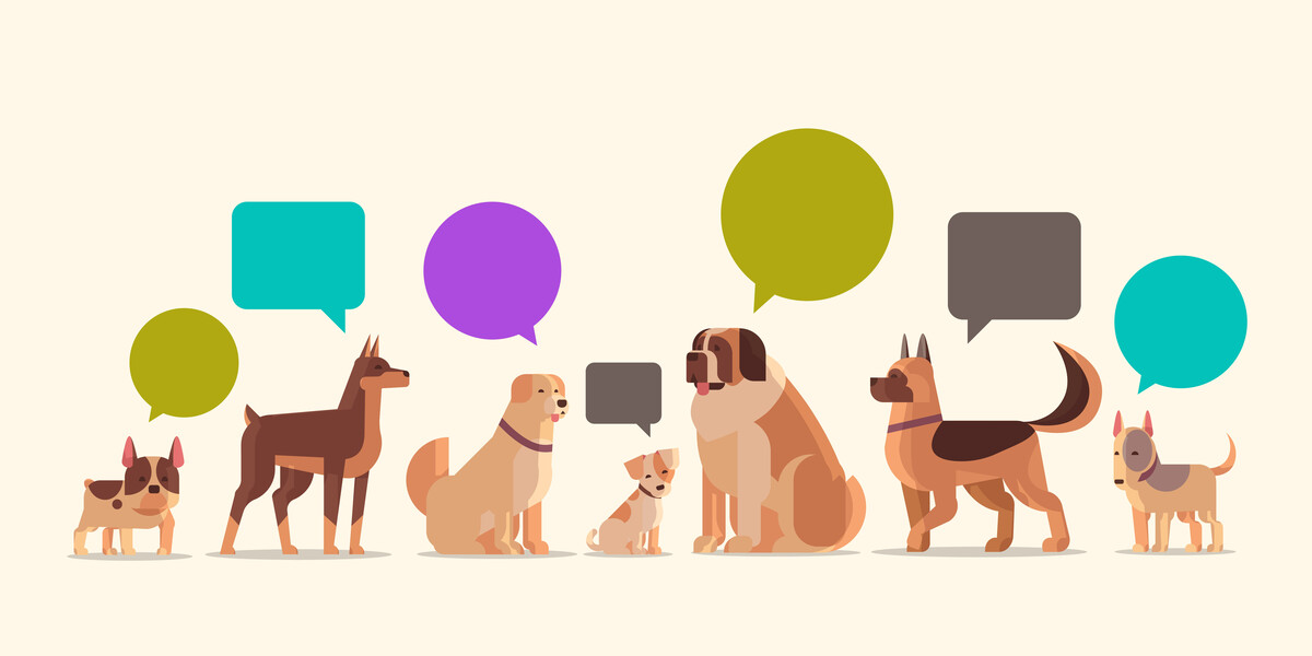 A group of dogs with chat bubbles who could use a speech board.